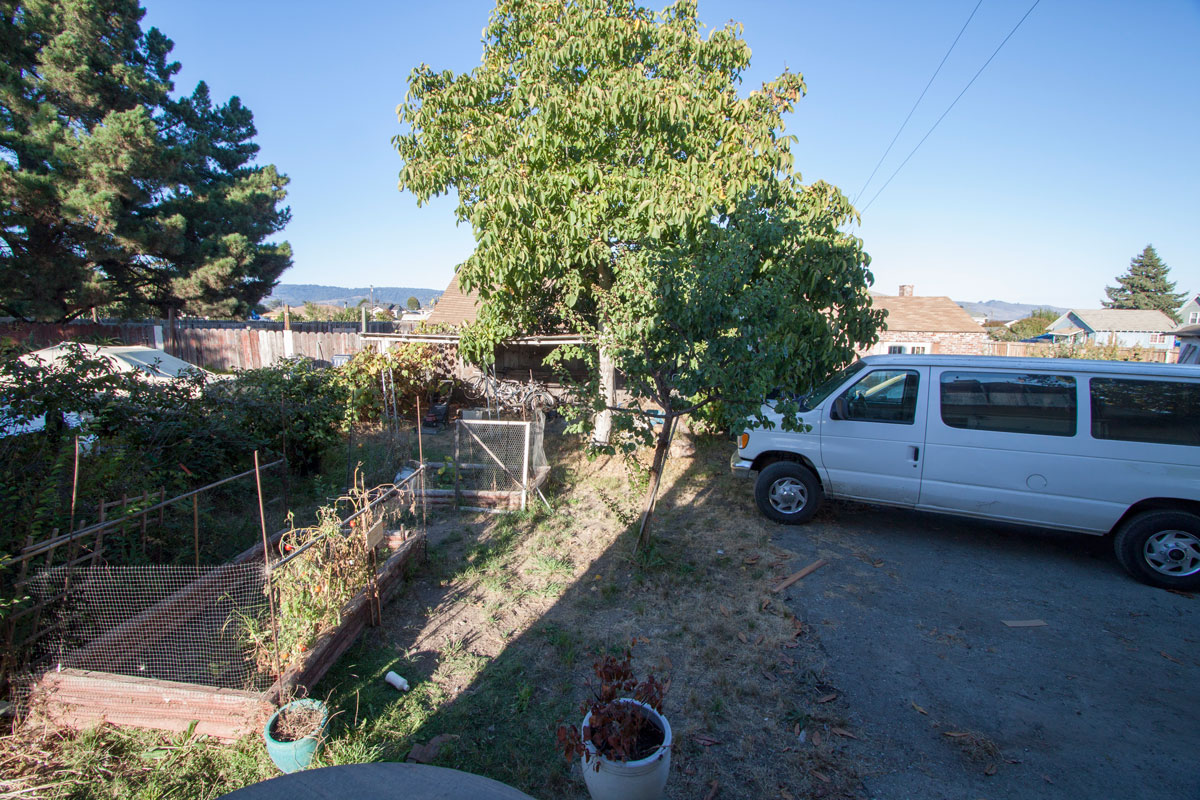 A view out the back shows a yard and parking.