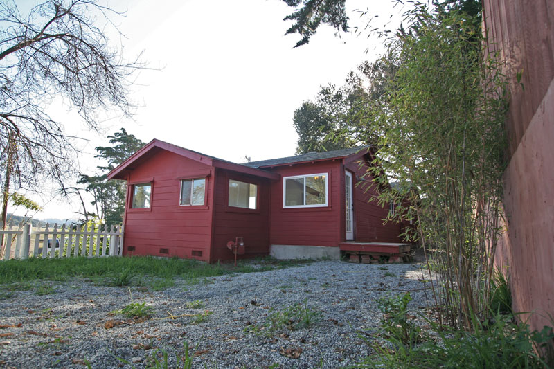 The spacious side yard includes a plum tree and several species of bamboo.